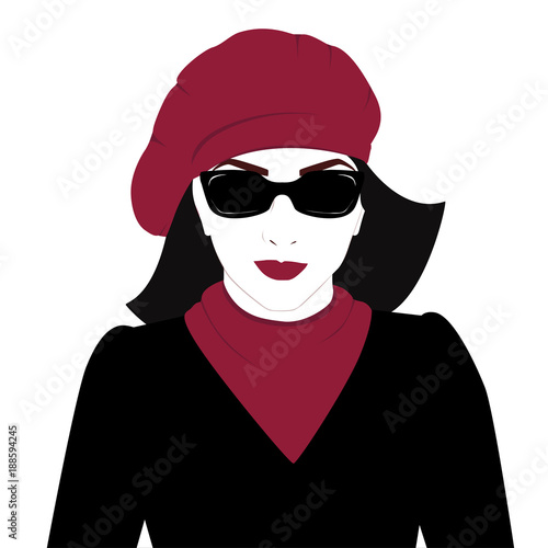 Fashion woman model with french beret, short haircut and sunglasses - vector illustration. Portrait of young girl. Pose.
