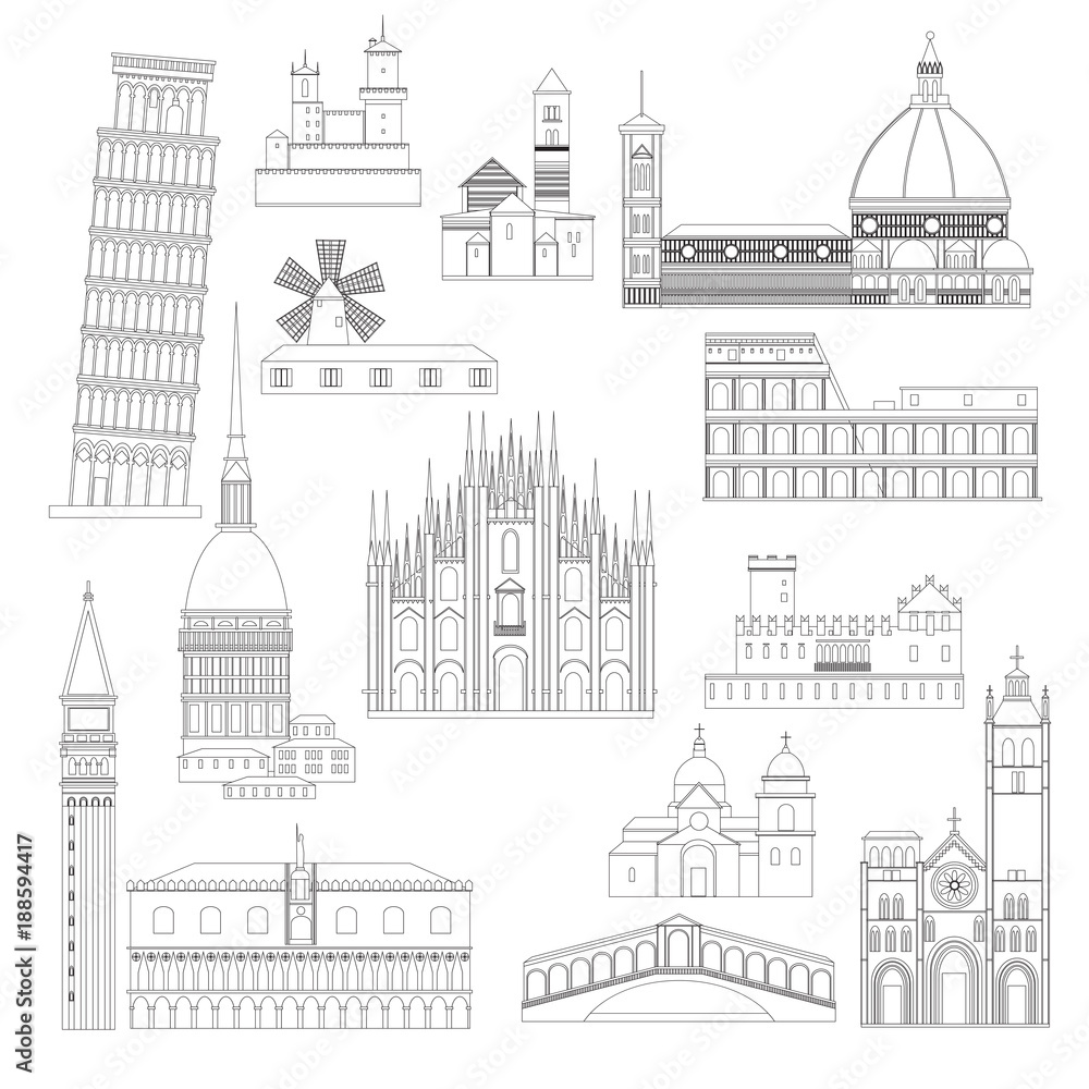 Cartoon Italian symbols and objects set. Popular architectural sights of Italy
