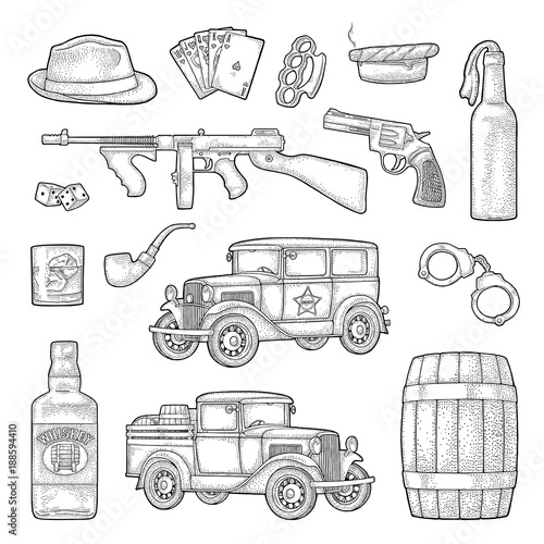 Gangster mafia set. Engraving vintage vector black illustration.