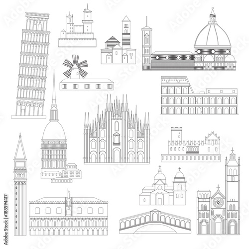 Cartoon Italian symbols and objects set. Popular architectural sights of Italy 