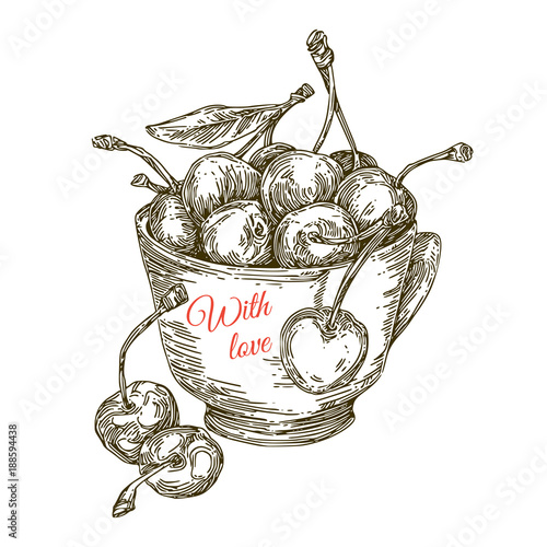 With love.  Cup with ripe cherries. Sketch. Engraving style. Vector illustration.