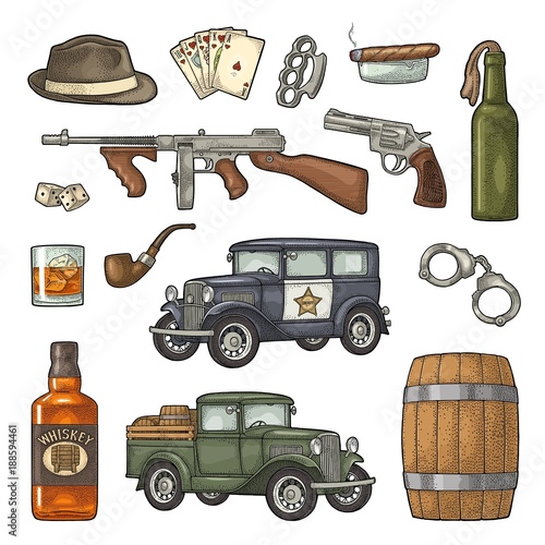 Gangster mafia set. Engraving vintage vector black illustration.