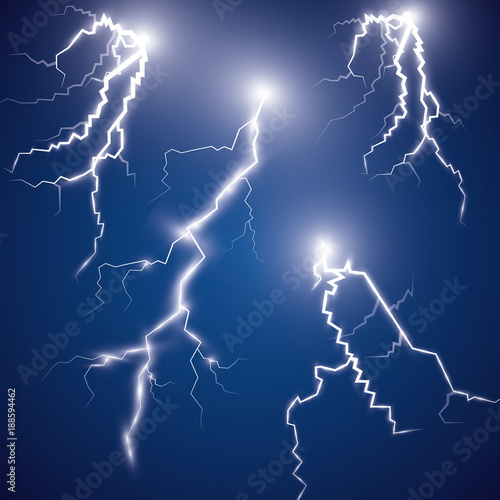 Thunder Lightning on Dark Blue or the Sky Background Symbol of Natural Power or Magic. Vector illustration