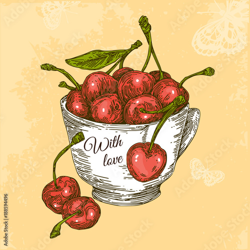 Vintage card. With love.  Cup with ripe cherries. Color. Engraving style. Vector illustration.