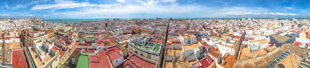 Panorama of Cadiz Town on a sunny day by the Tavira Tower, the best views of Cadiz, Andalusia, Spain.
