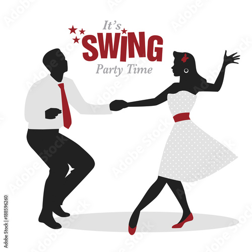Swing Party Time: Silhouettes of young couple wearing retro clothes dancing swing or lindy hop
