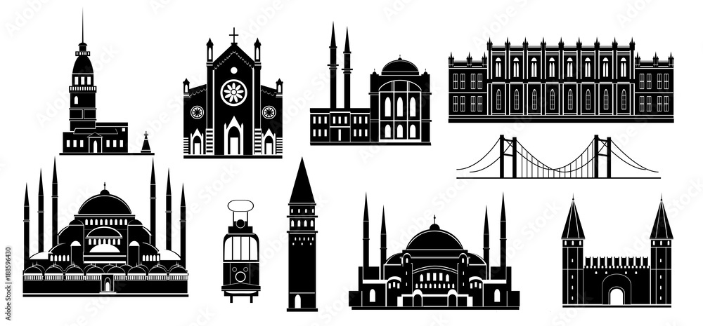 Cartoon Turkey symbols and objects set: Saint Sophie Cathedral, Maiden's Tower, palace of Topapa, Galata Tower, bridge of Bosporus, Republic Monument, Saint Anthony's Church. Istanbul architecture. Cartoon Turkey symbols and objects set: Saint Sophie Cathedral, Maiden's Tower, palace of Topapa, Galata Tower, bridge of Bosporus, Republic Monument, Saint Anthony's Church. Istanbul architecture.