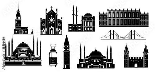 Cartoon Turkey symbols and objects set: Saint Sophie Cathedral, Maiden's Tower, palace of Topapa, Galata Tower, bridge of Bosporus, Republic Monument, Saint Anthony's Church. Istanbul architecture. photo