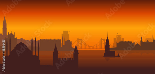 Panorama of night Istanbul flat style vector illustration. Istanbul architecture. Cartoon Turkey symbols and objects
