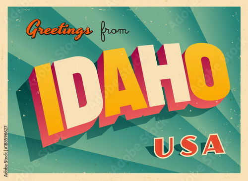 Vintage Touristic Greetings from Idaho, USA Postcard - Vector EPS10. Grunge effects can be easily removed for a brand new, clean sign.