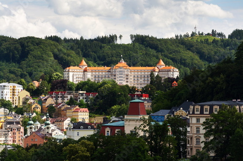Beautiful panoramic view of houses in spa town Karlovy Vary, Czech Republic