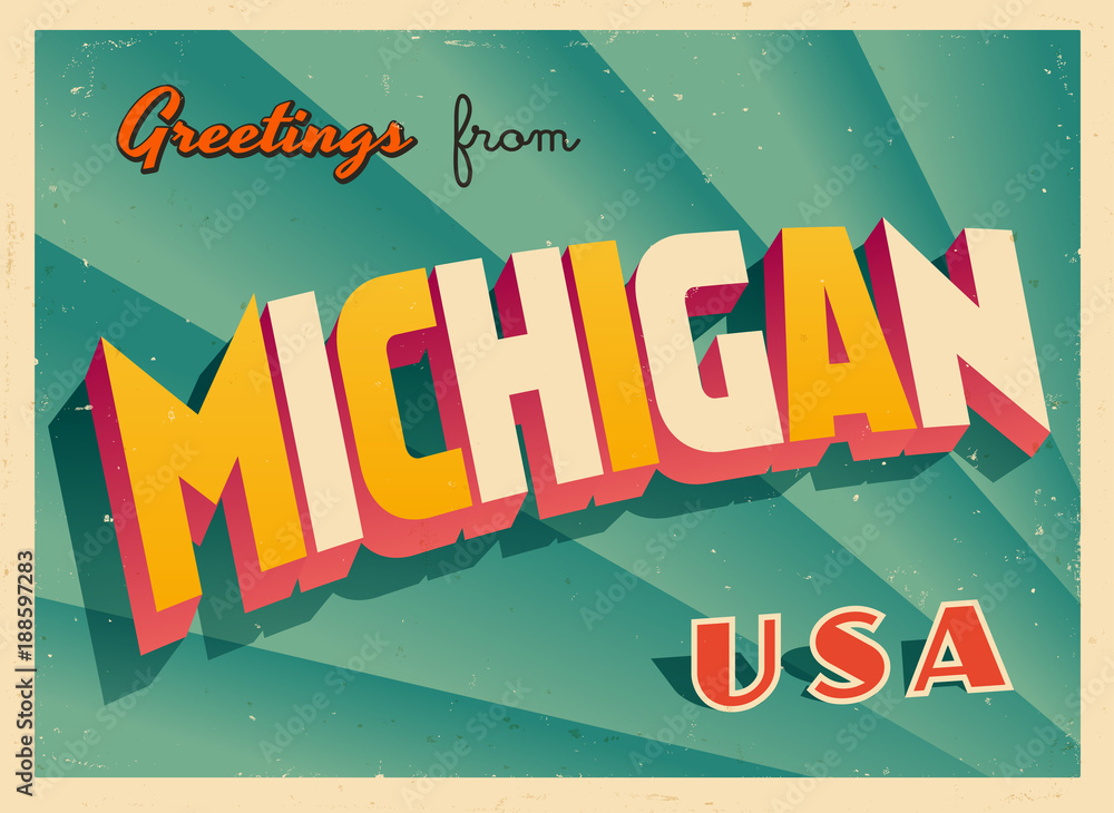 Naklejka premium Archiwalne życzenia turystyczne z Michigan, USA Pocztówka - wektor Eps10. Efekty grunge można łatwo usunąć, aby uzyskać zupełnie nowy, czysty znak.