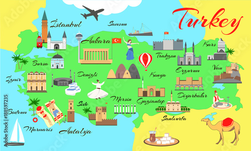 Map of turkey with main sights for tourists. Turkish attraction.
