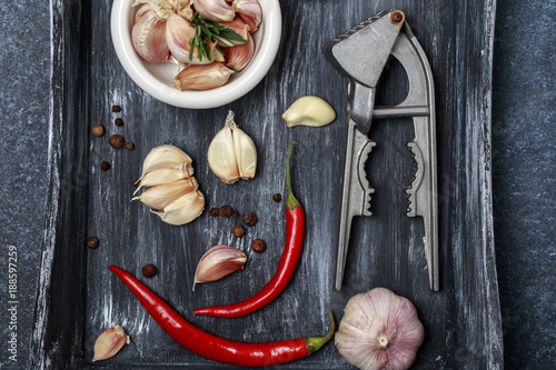 Fresh garlic with chili pepper on dark background. Garlic bulbs