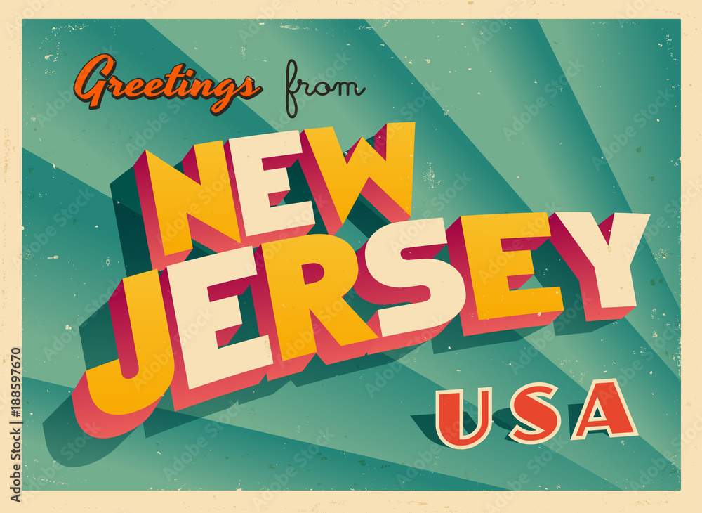 Vintage Touristic Greetings from New Jersey, USA Postcard - Vector EPS10. Grunge effects can be easily removed for a brand new, clean sign.