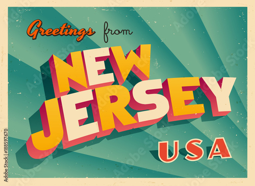 Vintage Touristic Greetings from New Jersey, USA Postcard - Vector EPS10. Grunge effects can be easily removed for a brand new, clean sign.