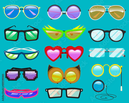 Glasses vector cartoon eyeglasses or sunglasses in heart funny shape for party and accessories for hipsters fashion optical spectacles eyesight view set illustration isolated on background