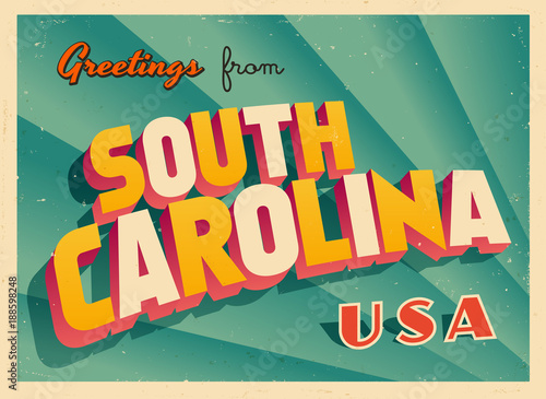 Vintage Touristic Greetings from South Carolina, USA Postcard - Vector EPS10. Grunge effects can be easily removed for a brand new, clean sign.
