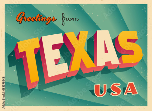 Vintage Touristic Greetings from Texas, USA Postcard - Vector EPS10. Grunge effects can be easily removed for a brand new, clean sign. photo