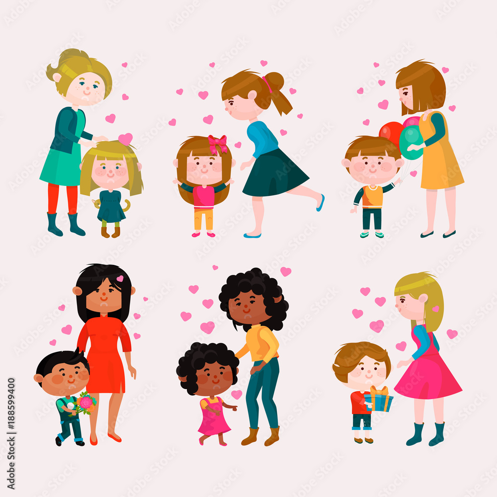 Valentines day vector loving family mothers day mom and kids valentine lovely heart girl or boy kissing and hugging child with gift flowers and balloons illustration isolated on white background Valentines day vector loving family mothers day mom and kids valentine lovely heart girl or boy kissing and hugging child with gift flowers and balloons illustration isolated on white background