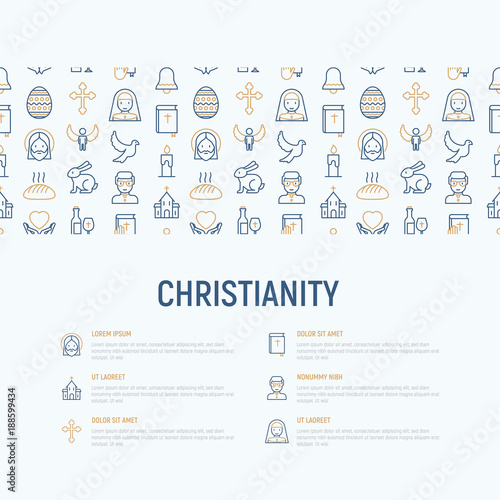 Christianity concept with thin line icons of priest, church, nun, crucifixion, Jesus, bible, dove. Vector illustration for banner, web page, print media.