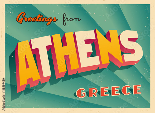 Vintage Touristic Greeting Card - Athens, Greece - Vector EPS10. Grunge effects can be easily removed for a brand new, clean sign.