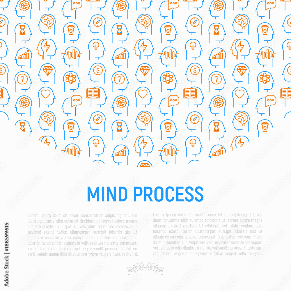 Mind process concept with thin line icons: intelligence, passion, conflict, innovation, time management, exploration, education, logical thinking. Modern vector illustration for web page, print media.