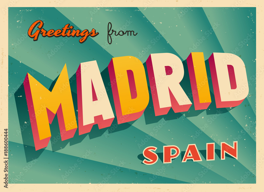 Fototapeta premium Vintage Turystyczny Greeting Card - Madryt, Hiszpania - wektor Eps10. Efekty grunge można łatwo usunąć, aby uzyskać zupełnie nowy, czysty znak.