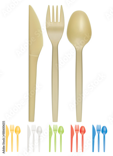 Plastic cutlery. Realistic vector 3d illustration icon set