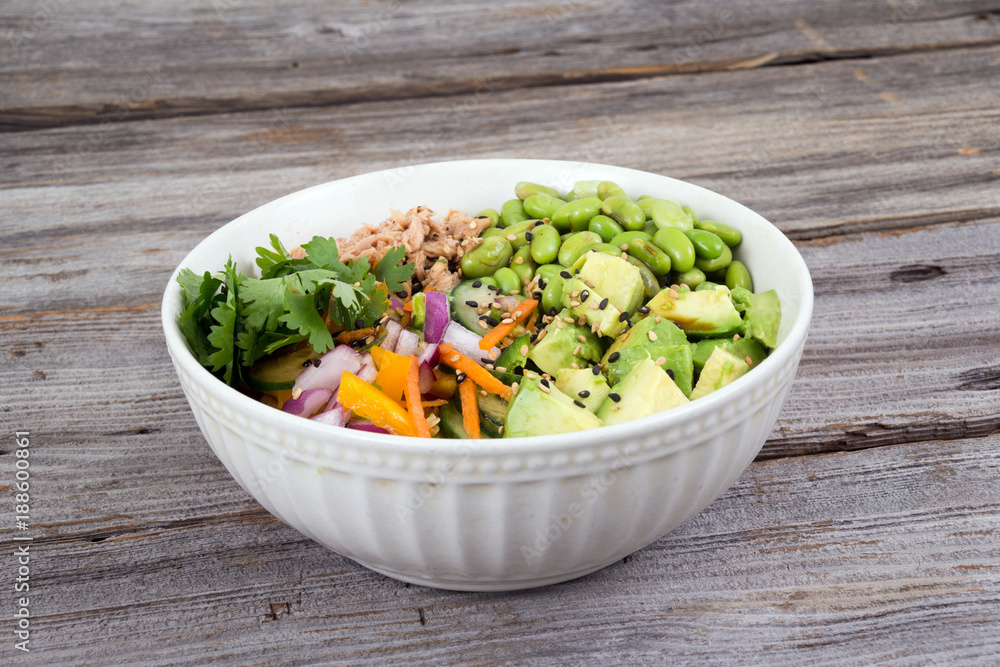 Buddha bowl of mixed vegetable with avocado and tuna Buddha bowl of mixed vegetable with avocado and tuna
