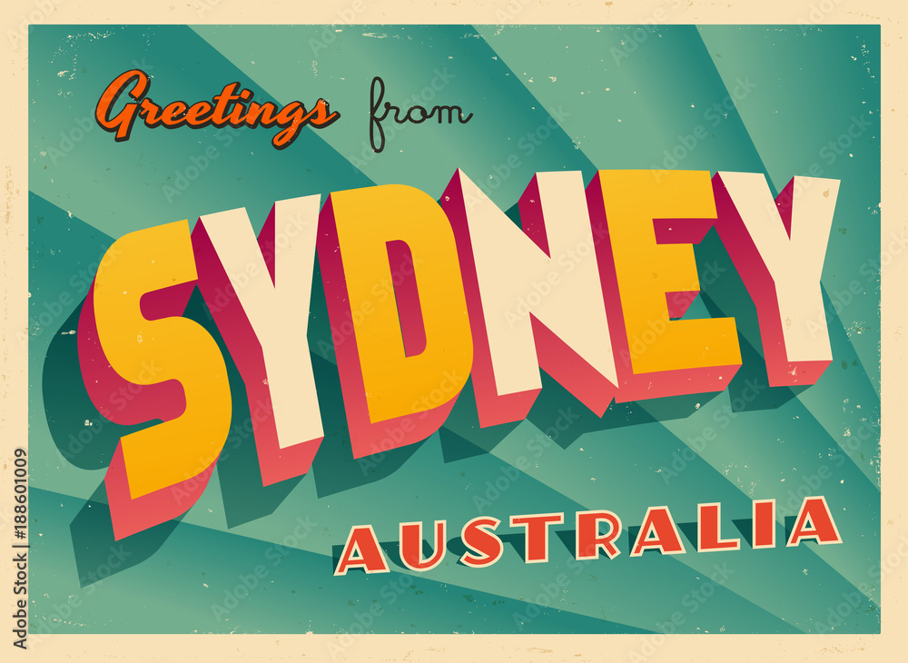 Obraz premium Archiwalne turystyczne karty z pozdrowieniami - Sydney, Australia - wektor Eps10. Efekty grunge można łatwo usunąć, aby uzyskać zupełnie nowy, czysty znak.