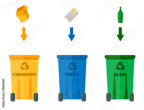 Different recycling garbage waste types sorting processing, treatment remaking trash utilize icons vector illustration.