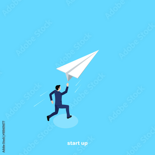 man in a business suit launches a paper plane, an isometric image