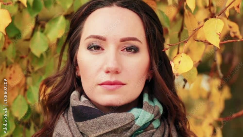 beautiful woman in a warm scarf on a background of autumn foliage beautiful woman in a warm scarf on a background of autumn foliage