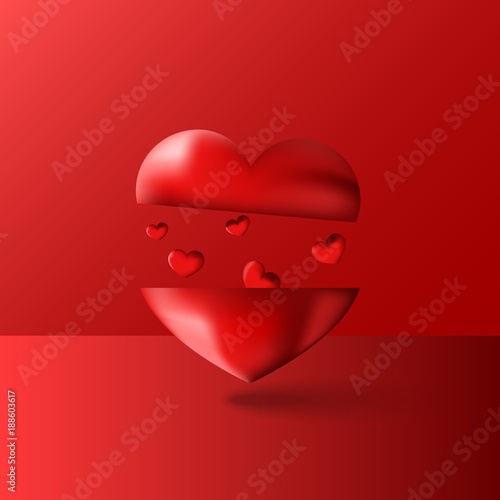 Happy Valentines day artwork background with levitation red many hearts. Romantic lovely design for Mothers Day greeting card or banner. Vector art 3d illustration.
