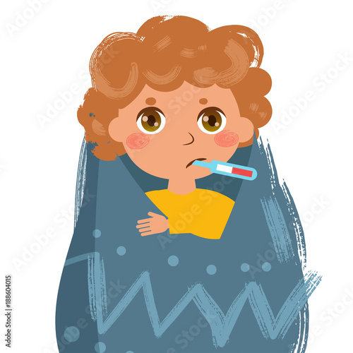 Boy sick. Thermometer, a blanket