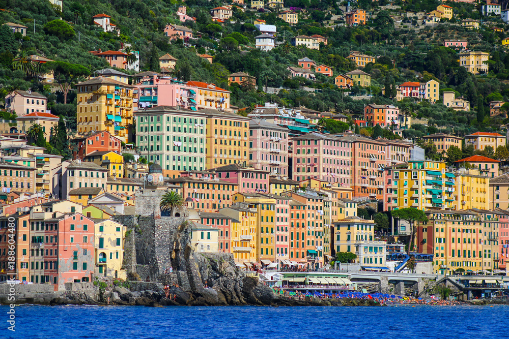 The colorful buildings of Camogli, Italy viewed from the Mediterranean Sea