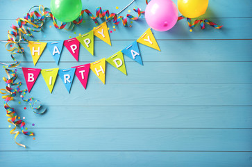 Happy birthday party background with text and colorful tools