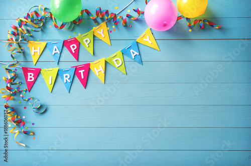 Fotobehang Happy birthday party background with text and colorful tools