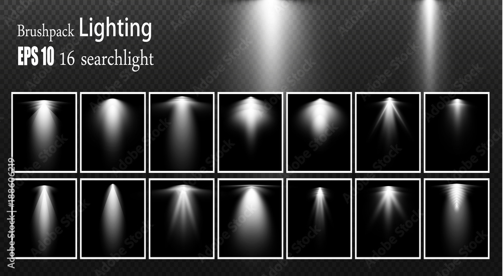 
A set of searchlights. Vector light sources, concert lighting, steel floodlights. Concert spotlight with a beam, illuminated spotlights for web design illustration
