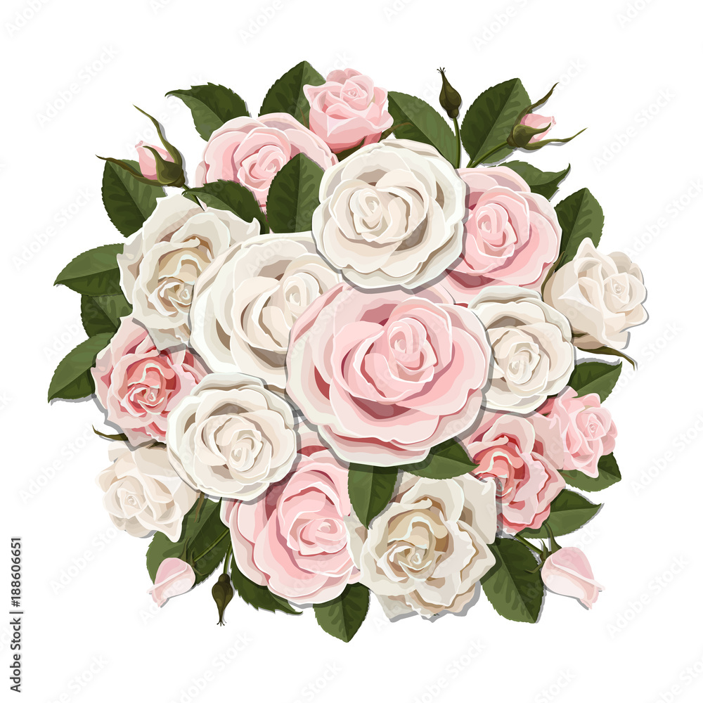 White and pink roses bouquet. Element for floral design of a greeting, wedding or invitation card. Bouquet of decorative garden flower. Bud, petals and leaves of plant.