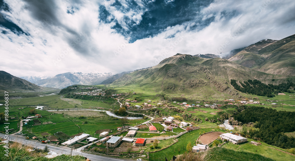 Tkarsheti Village On Mountain Background In Kazbegi District,