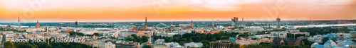 Riga  Latvia. Aerial View Panorama Cityscape At Sunset. TV Tower