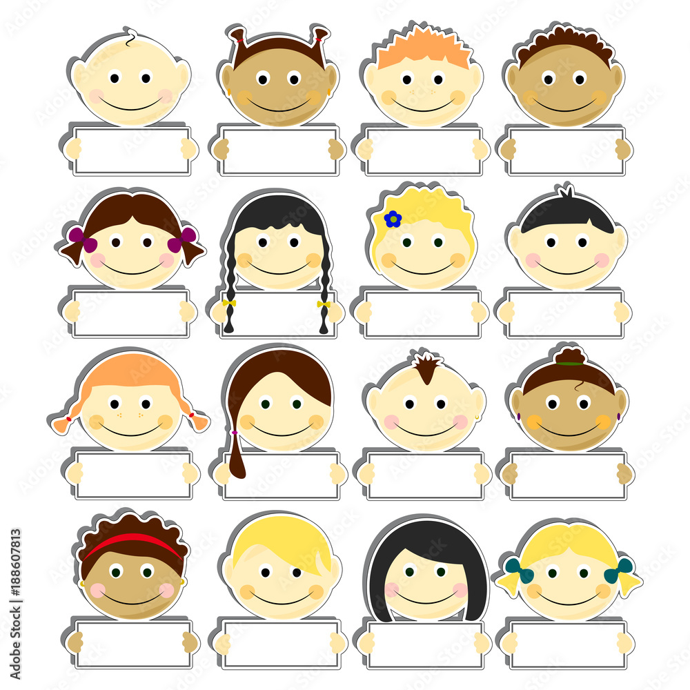 Kids with clear nameplates set vector illustration. Portraits with smile and various hairstyle Kids with clear nameplates set vector illustration. Portraits with smile and various hairstyle