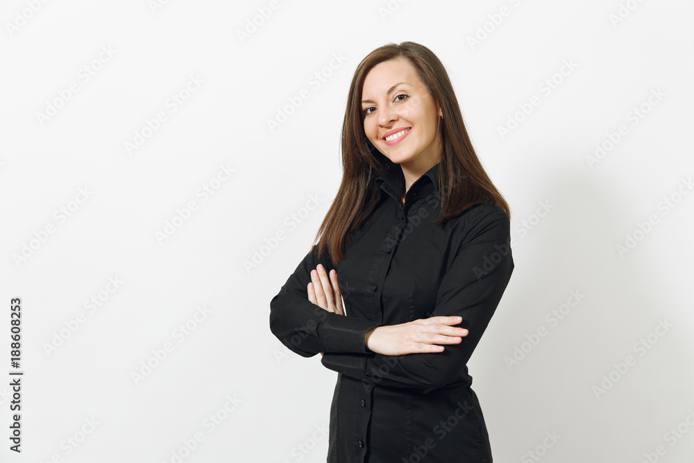 Beautiful happy caucasian young smiling brown-hair business woman in black classic shirt and skirt holding hands crossed isolated on white background. Manager or worker. Copy space for advertisement. Beautiful happy caucasian young smiling brown-hair business woman in black classic shirt and skirt holding hands crossed isolated on white background. Manager or worker. Copy space for advertisement.