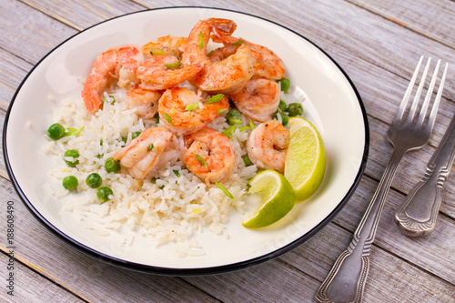 Shrimps with rice and peas. horizontal
