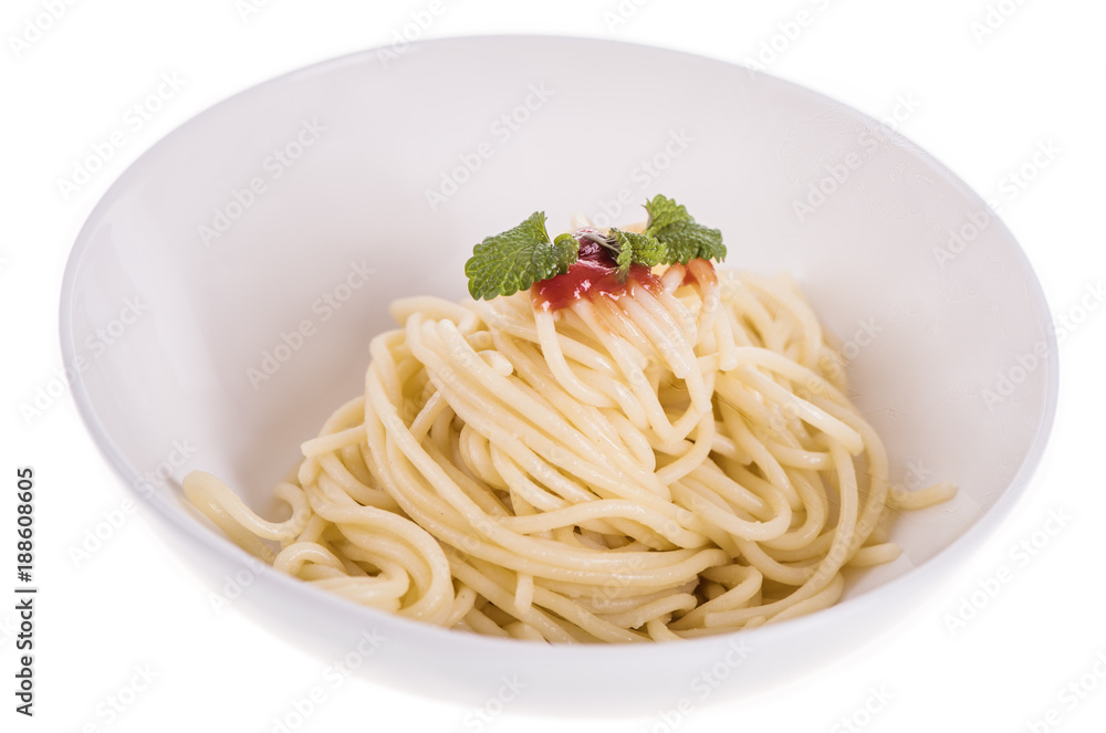close up of cooked shpaghetti in a white bowl with tomato sauce and herb leave on top close up of cooked shpaghetti in a white bowl with tomato sauce and herb leave on top