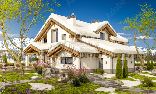 3d rendering of spring modern cozy house in chalet style © korisbo