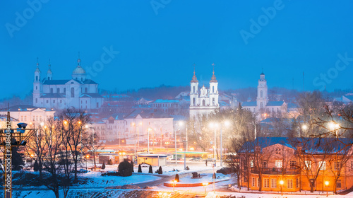 Vitebsk, Belarus. Famous Landmarks In Winter Night Cityscape. © Grigory Bruev