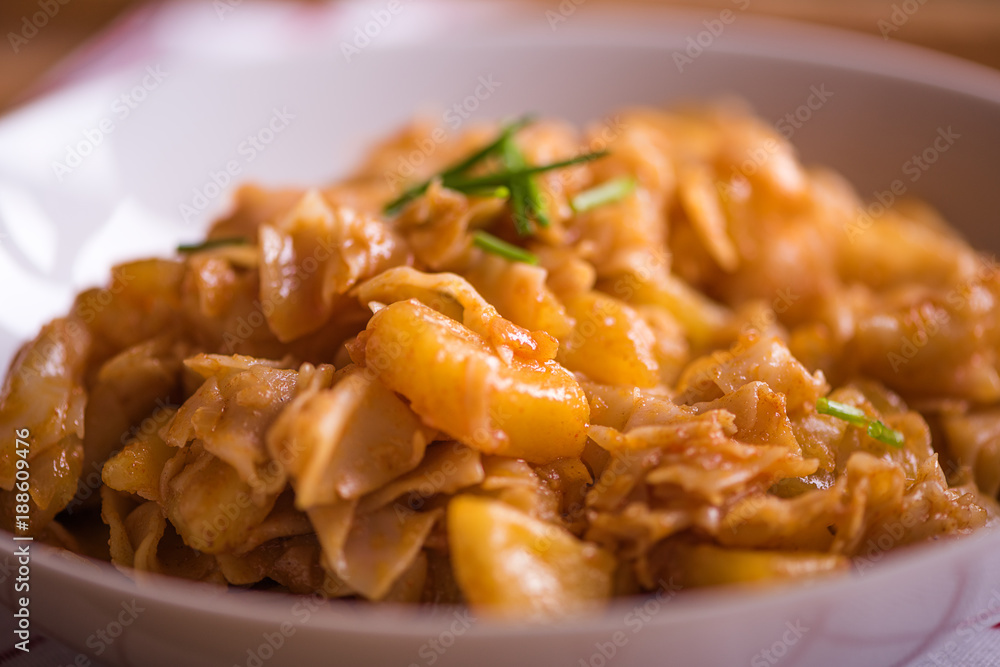 close up detail of eastern european traditional rustic dish from square pasta and cabbage close up detail of eastern european traditional rustic dish from square pasta and cabbage